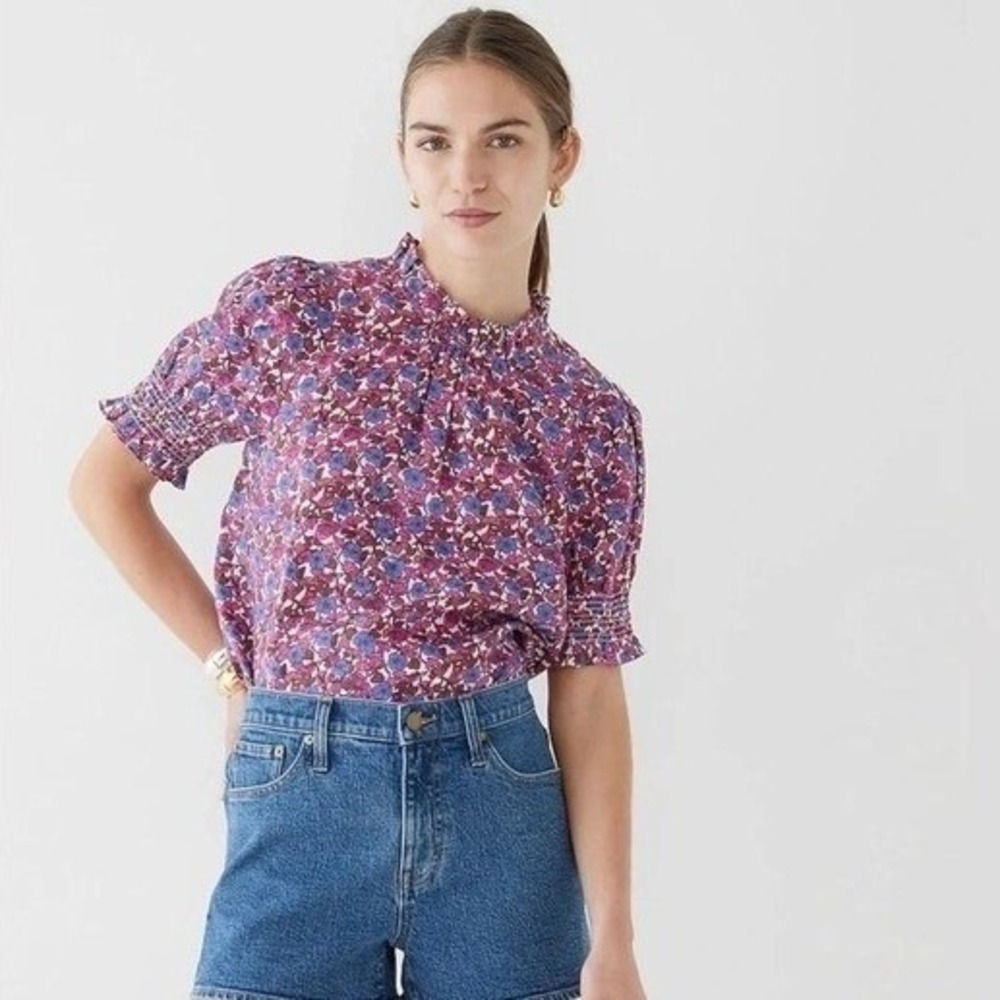 J.Crew Smocked 100% Linen Puff Sleeve Top XS Berry Floral Cottagecore Coquette